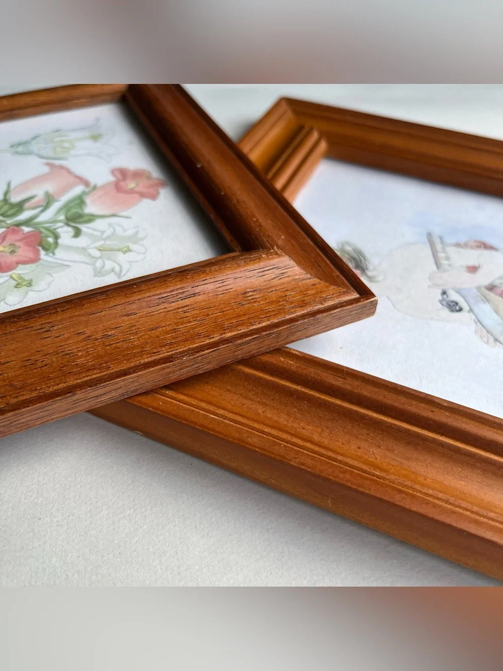 Vintage Honey Tone Wood Picture Photo Frames w/ Fine Art Prints-Set of 2